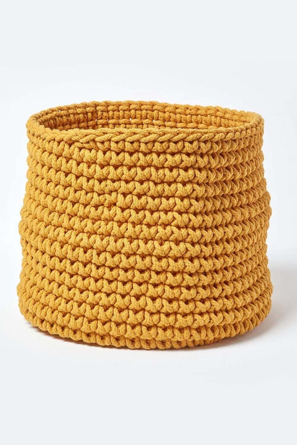 Homescapes Cotton Knitted Round Storage Basket, 42 x 37 cm|yellow