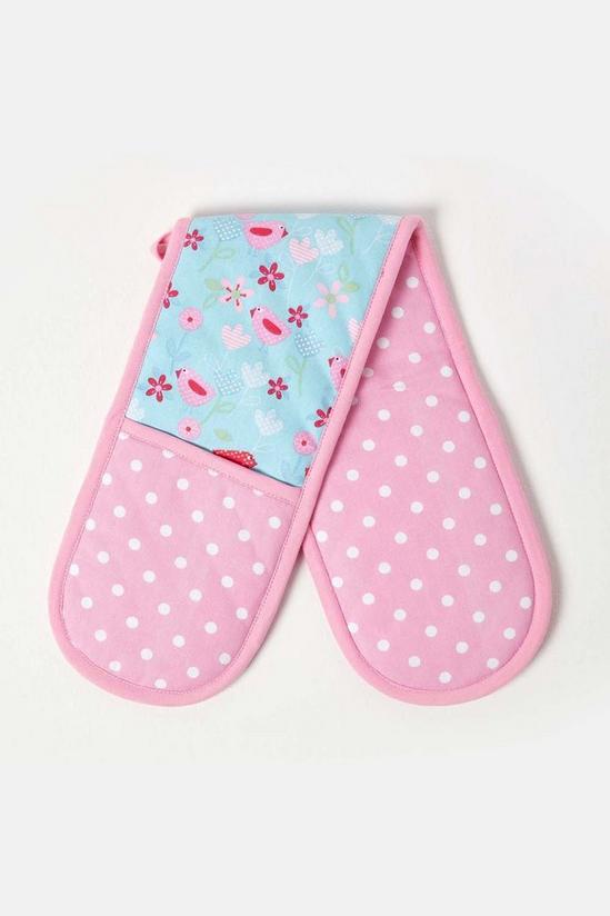 Homescapes Birds and Flowers Pink Cotton Double Oven Glove 1