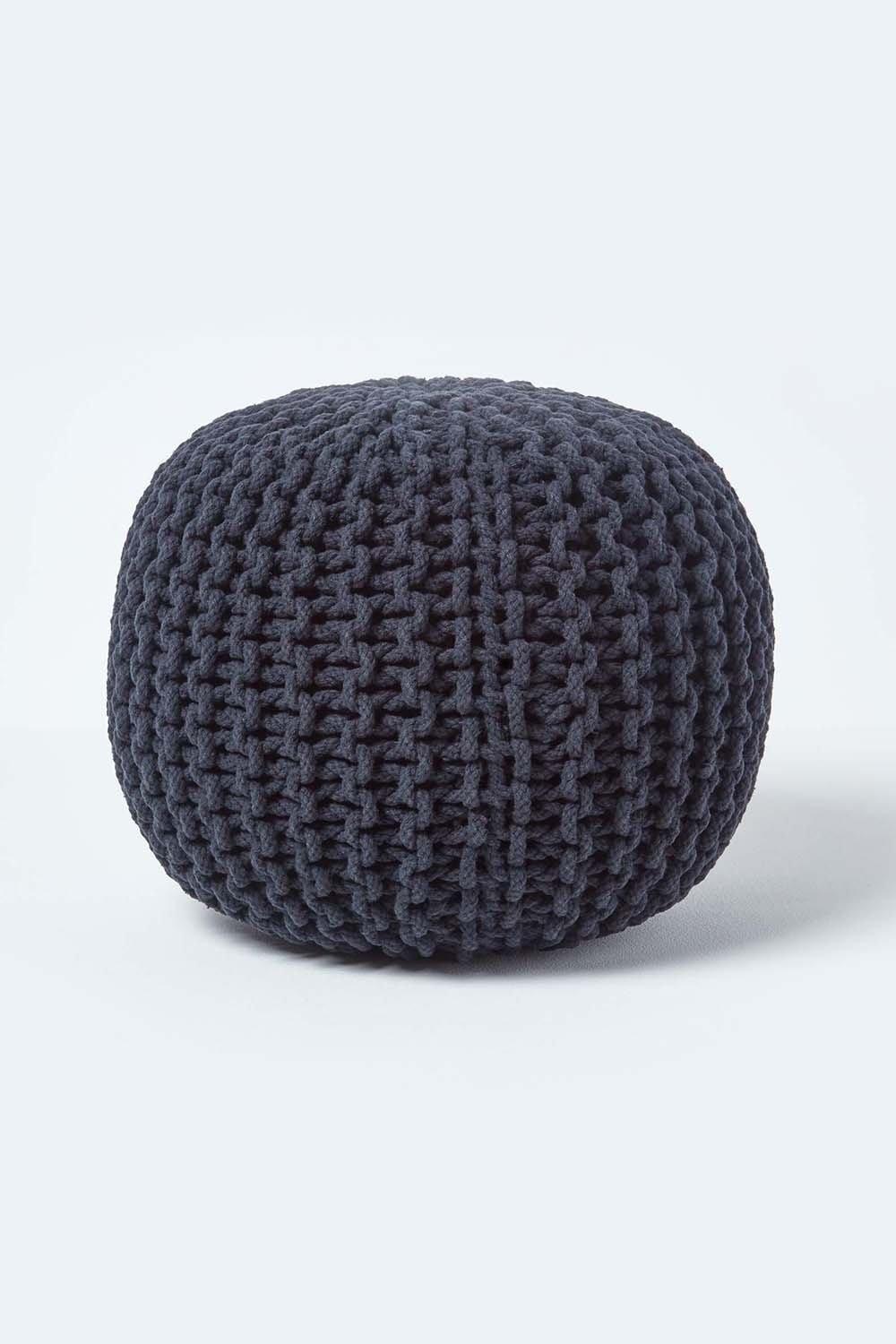 Homescapes Round Cotton Knitted Pouffe Footstool|black