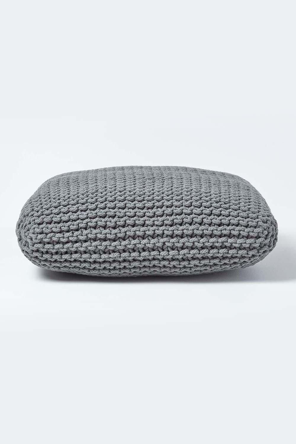 Homescapes Square Cotton Knitted Pouffe Floor Cushion|grey