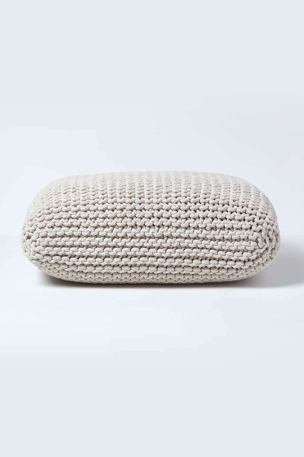 Homescapes Square Cotton Knitted Pouffe Floor Cushion|natural