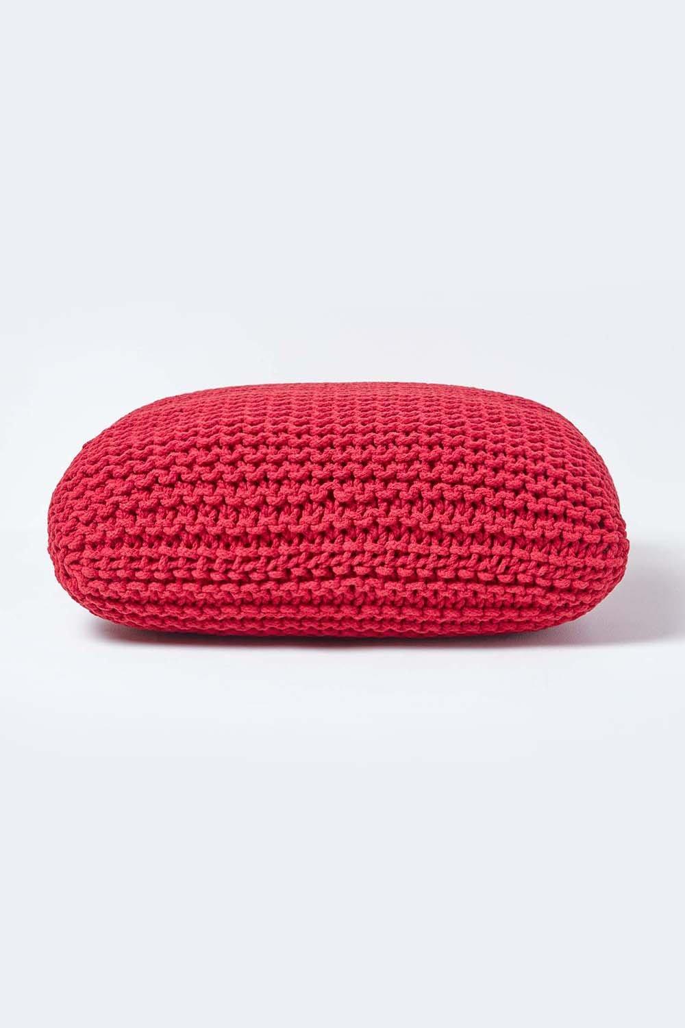 Homescapes Square Cotton Knitted Pouffe Floor Cushion|red
