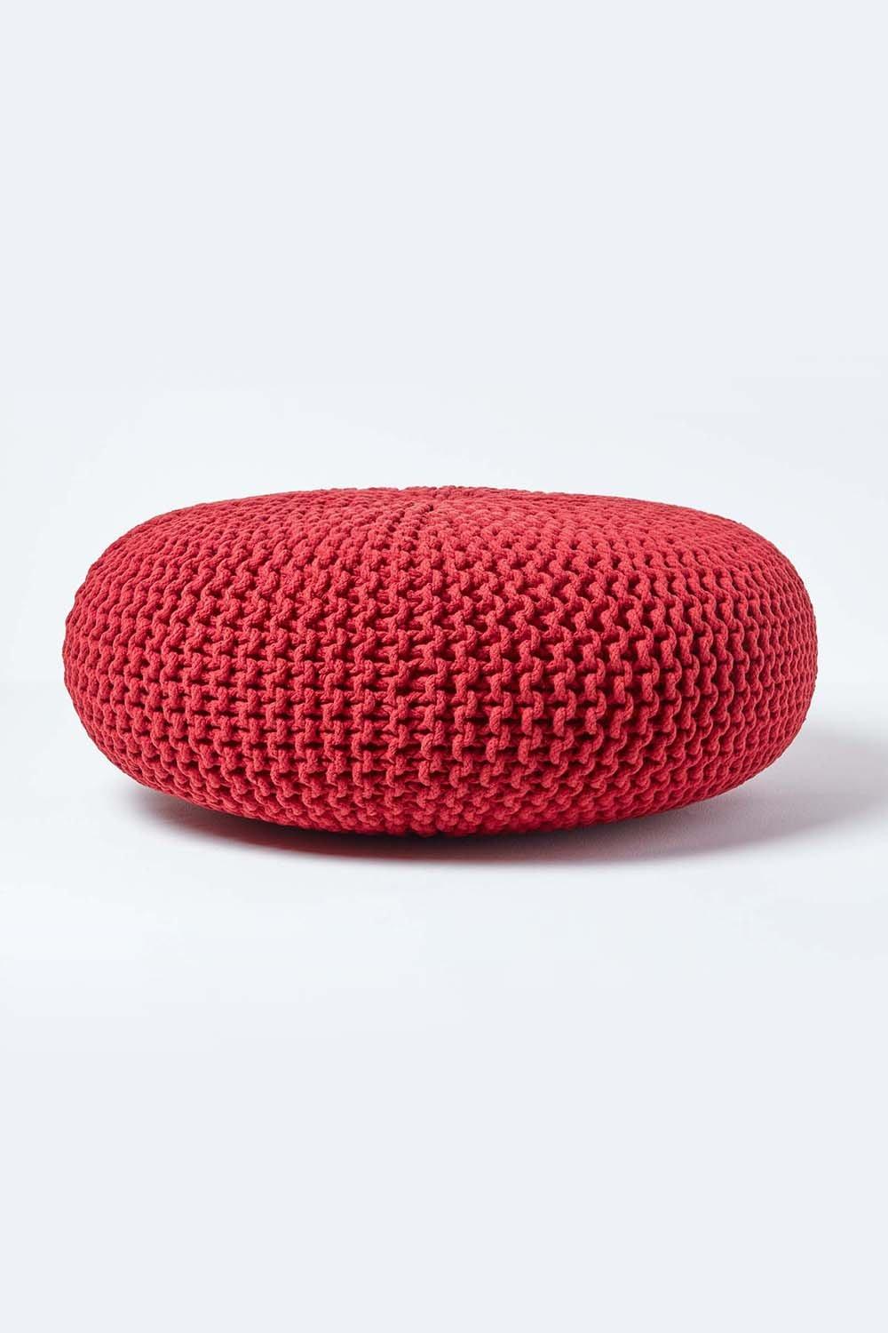 Homescapes Large Round Cotton Knitted Pouffe Footstool|red