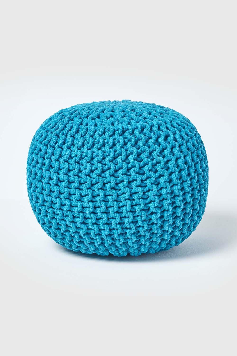 Homescapes Round Cotton Knitted Pouffe Footstool|teal