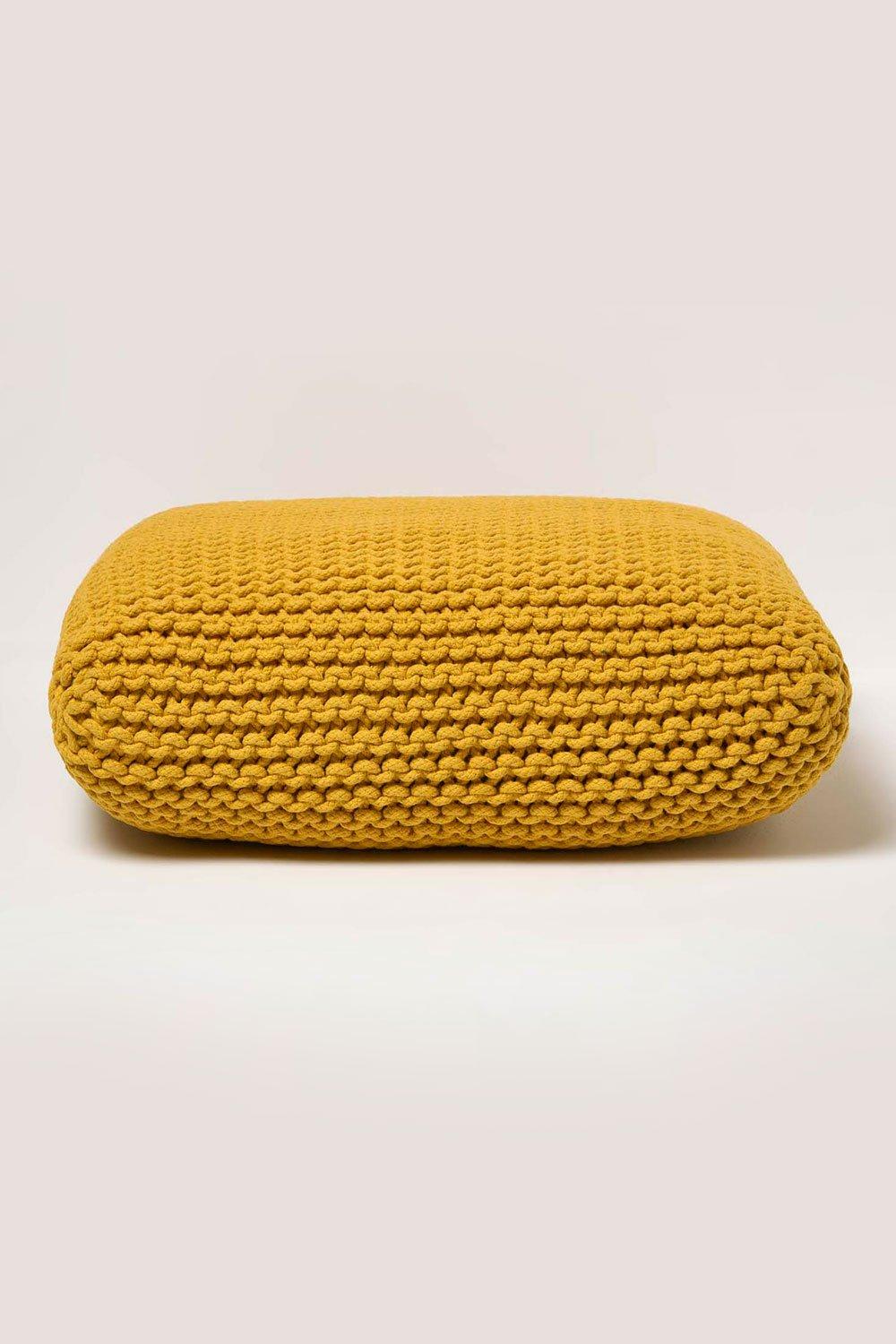 Homescapes Square Cotton Knitted Pouffe Floor Cushion|yellow