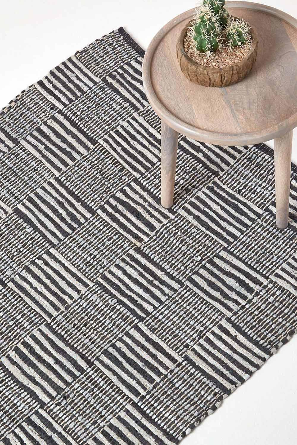 Real Leather Handwoven Striped Block Check Rug