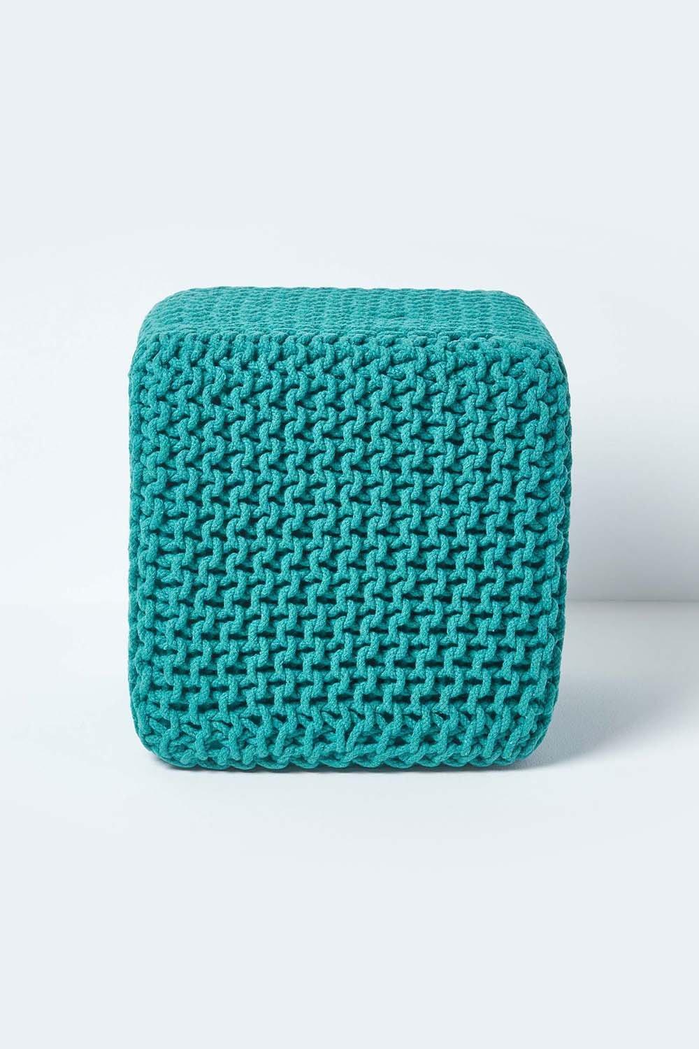 Homescapes Cube Cotton Knitted Pouffe Footstool|green