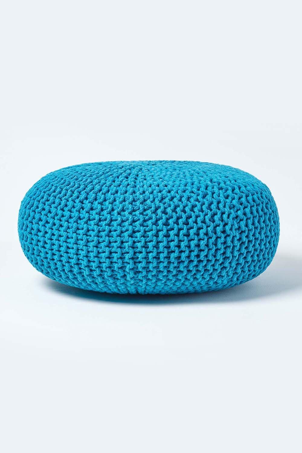Homescapes Large Round Cotton Knitted Pouffe Footstool|teal