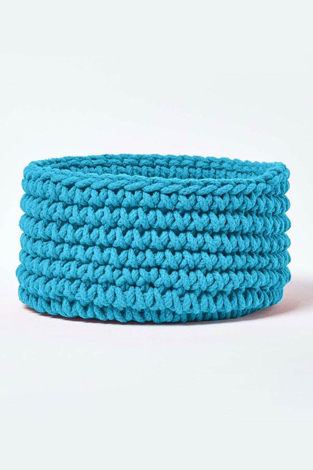 Homescapes Cotton Knitted Round Storage Basket, 37 x 21 cm|teal