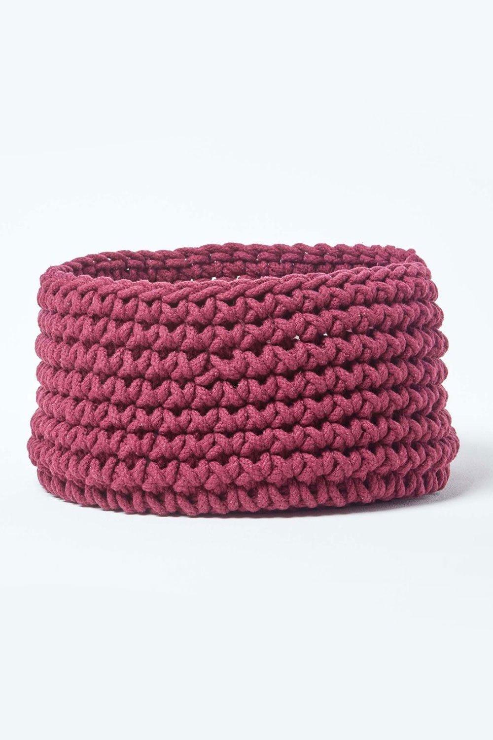Homescapes Cotton Knitted Round Storage Basket, 37 x 21 cm|plum