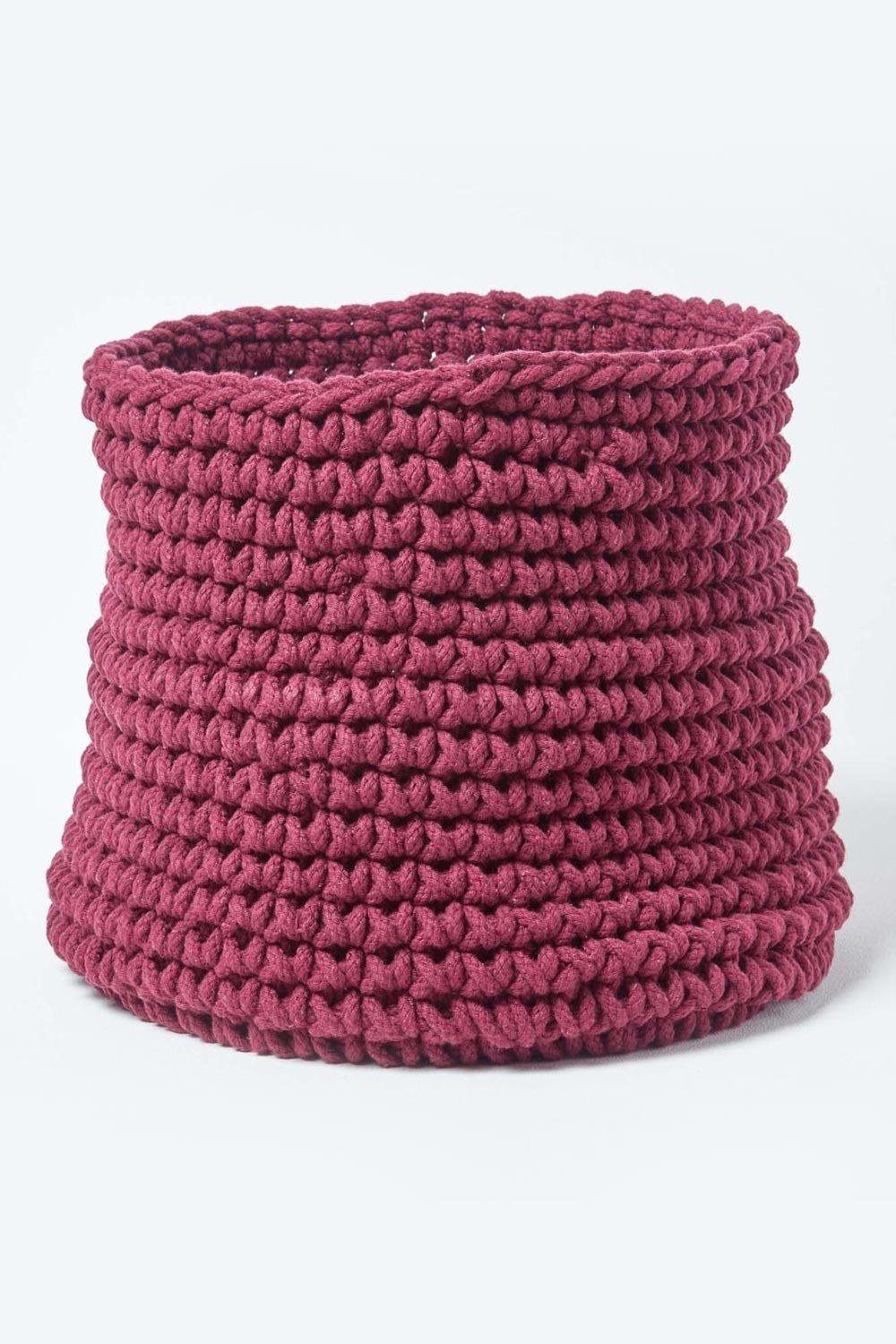 Homescapes Cotton Knitted Round Storage Basket, 42 x 37 cm|plum