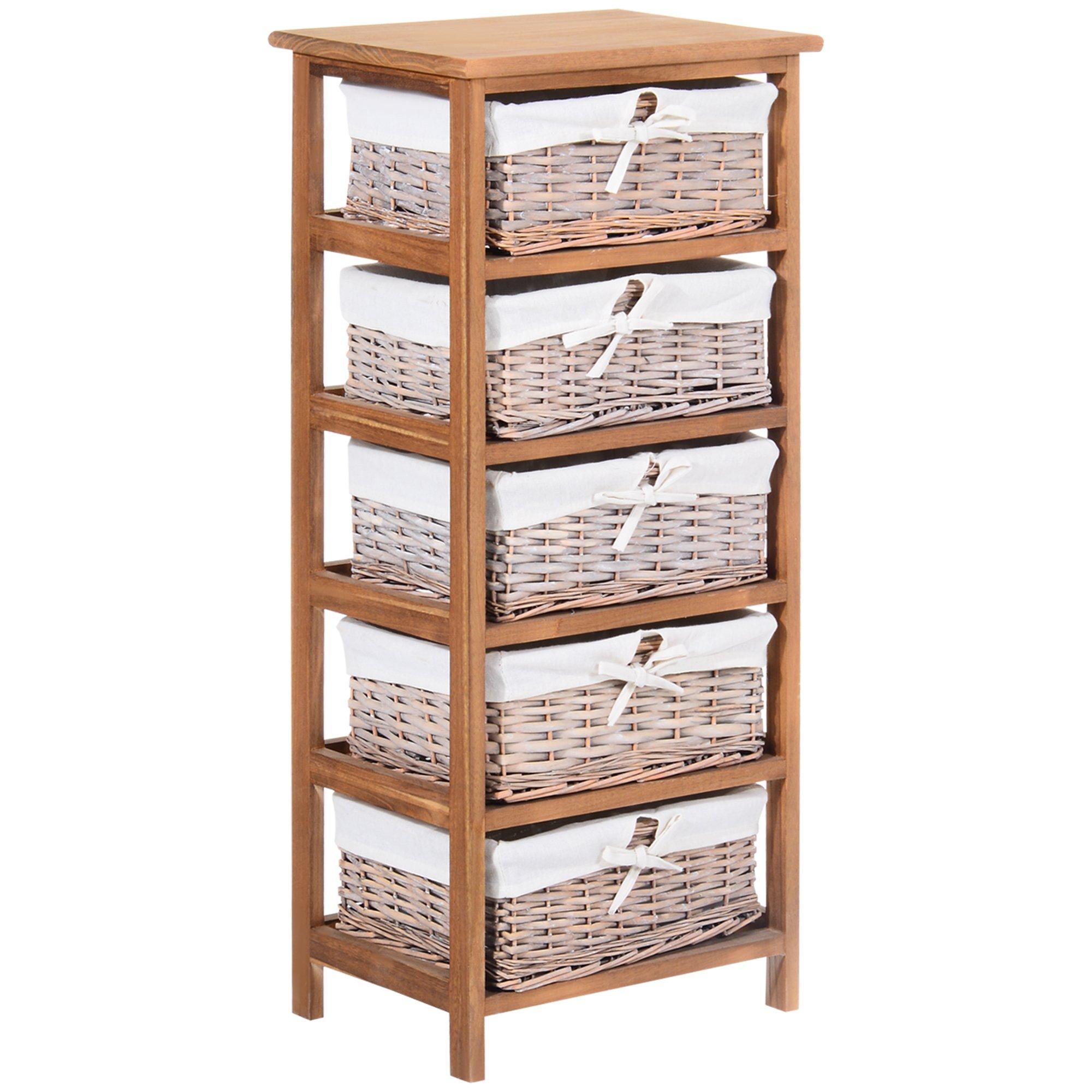 5 Drawer Dresser Wicker Storage Shelf Unit Wooden Home Organization