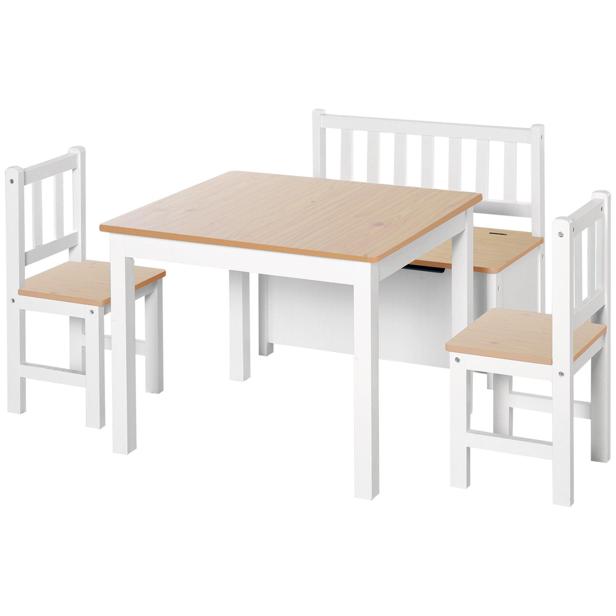 4-Piece Table and Chair Wood Bench with Storage Feature, Gift for Toddlers