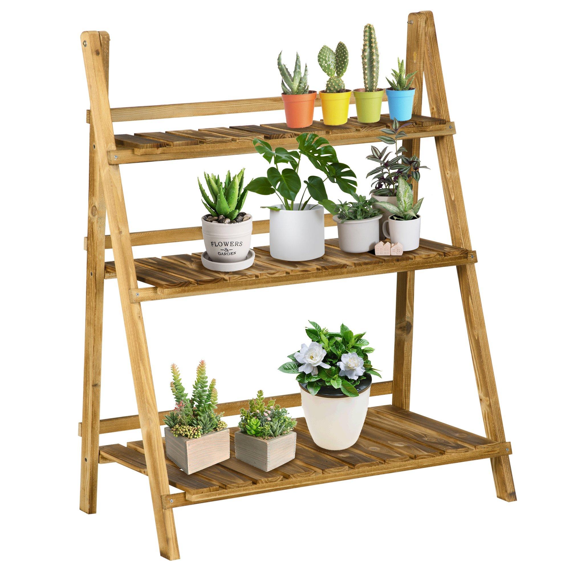 Flower Stand Plant Display Rack 3-Tier Foldable Wood Garden Patio