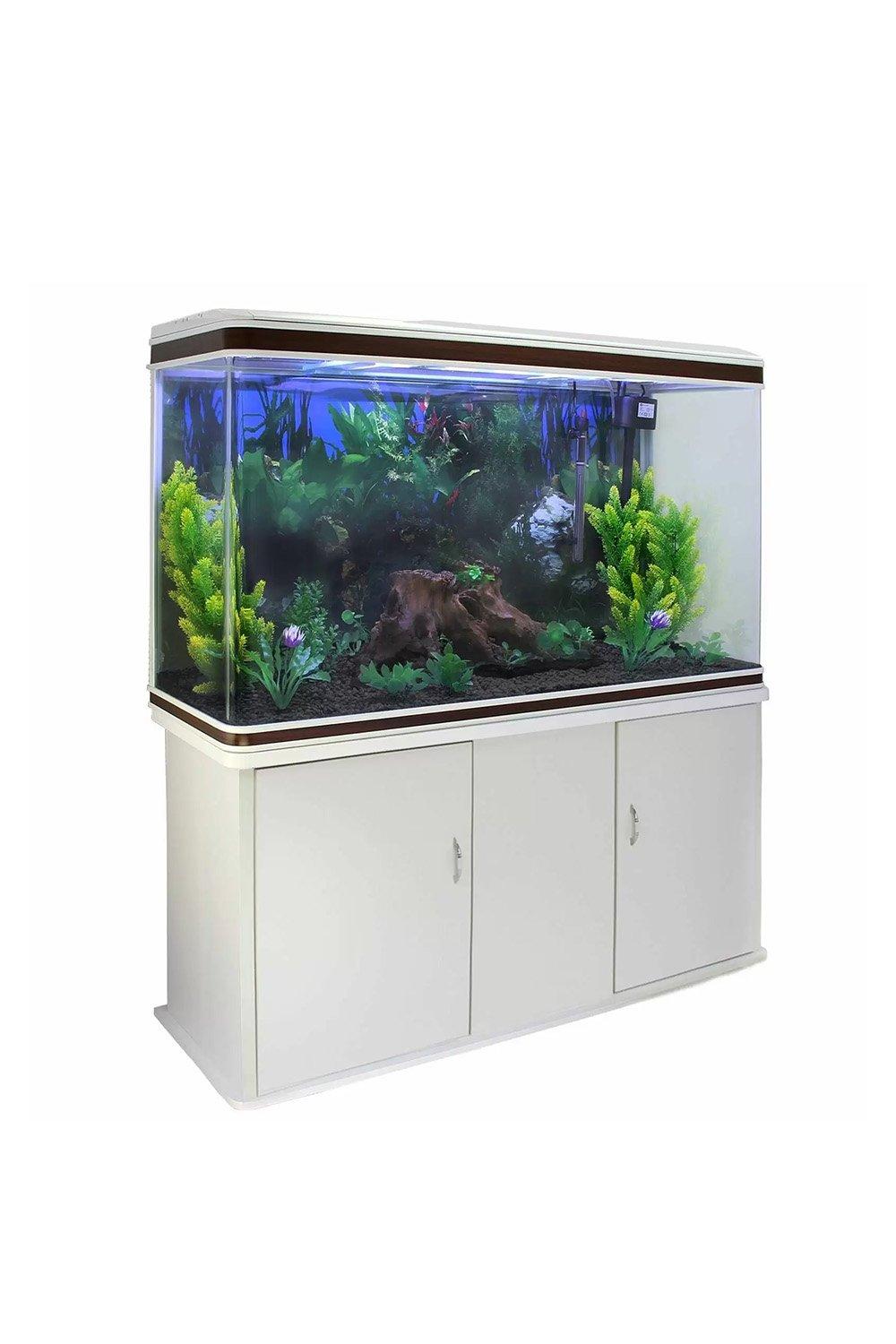 Aquarium Fish Tank & Cabinet with Complete Starter Kit - White Tank & Black Gravel