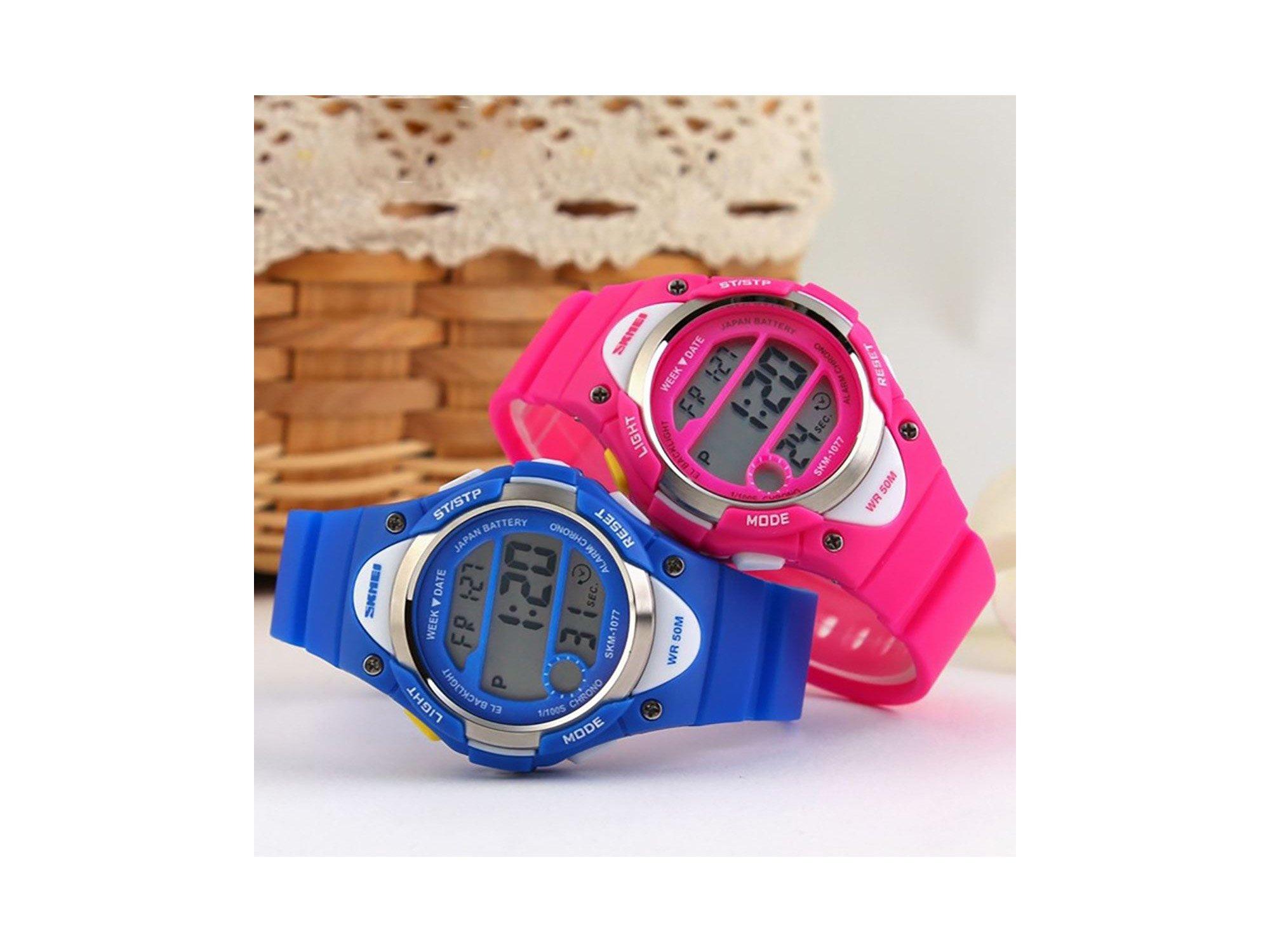 (pink) Boys And Girls Pink Blue Digital Watch With Stopwatch Alarm Light Ages 6-13