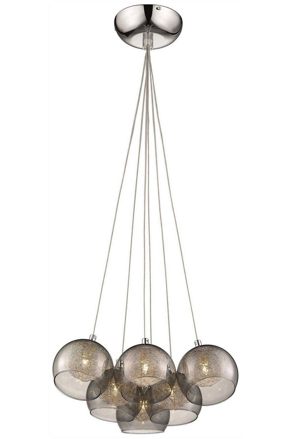 Spring 6 Light Cluster Pendant Chrome Smoked grey with Glass Shades G9