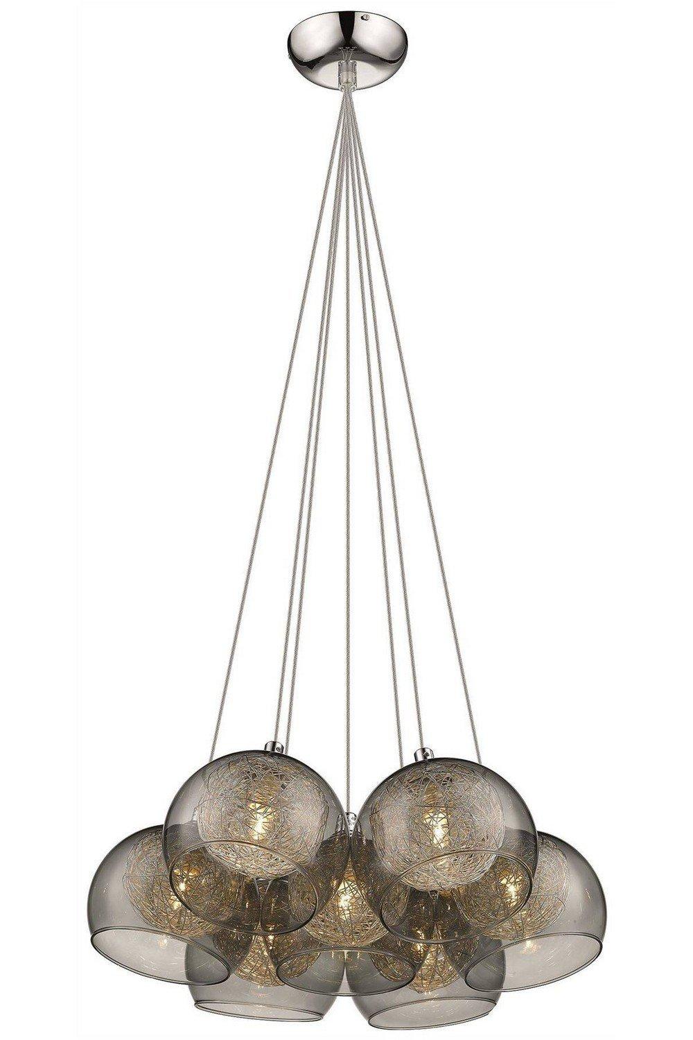 Spring 7 Light Cluster Pendant Chrome Smoked grey with Glass Shades G9