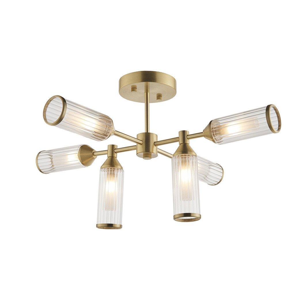 Trieste 6 Light Ceiling Semi Flush Satin Brass Plate With Clear & Frosted Glass