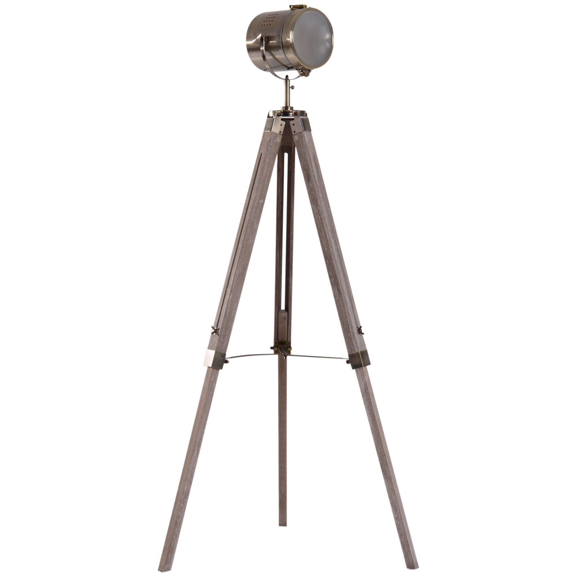 Vintage Tripod Floor Lamp Wooden Searchlight with Adjustable Height