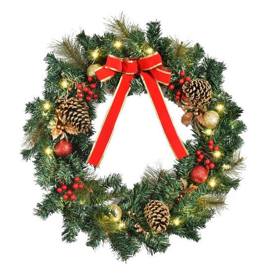 HOMCOM Pre Lit Artificial Christmas Door Wreath Holly Garland Décor 1