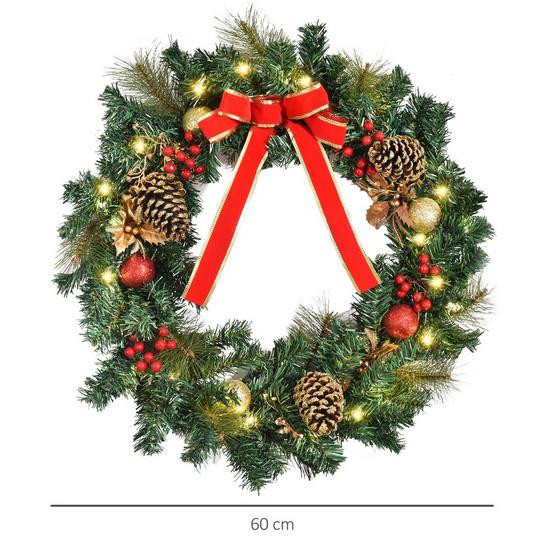 HOMCOM Pre Lit Artificial Christmas Door Wreath Holly Garland Décor 4