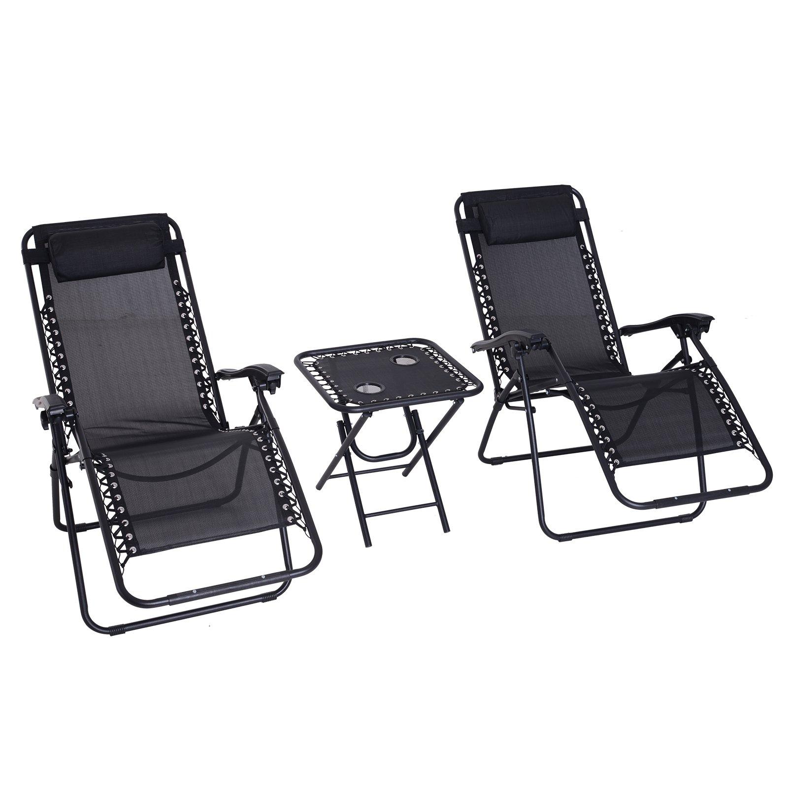 3PC Zero Gravity Chairs Sun Lounger Table Setwith Cup Holders