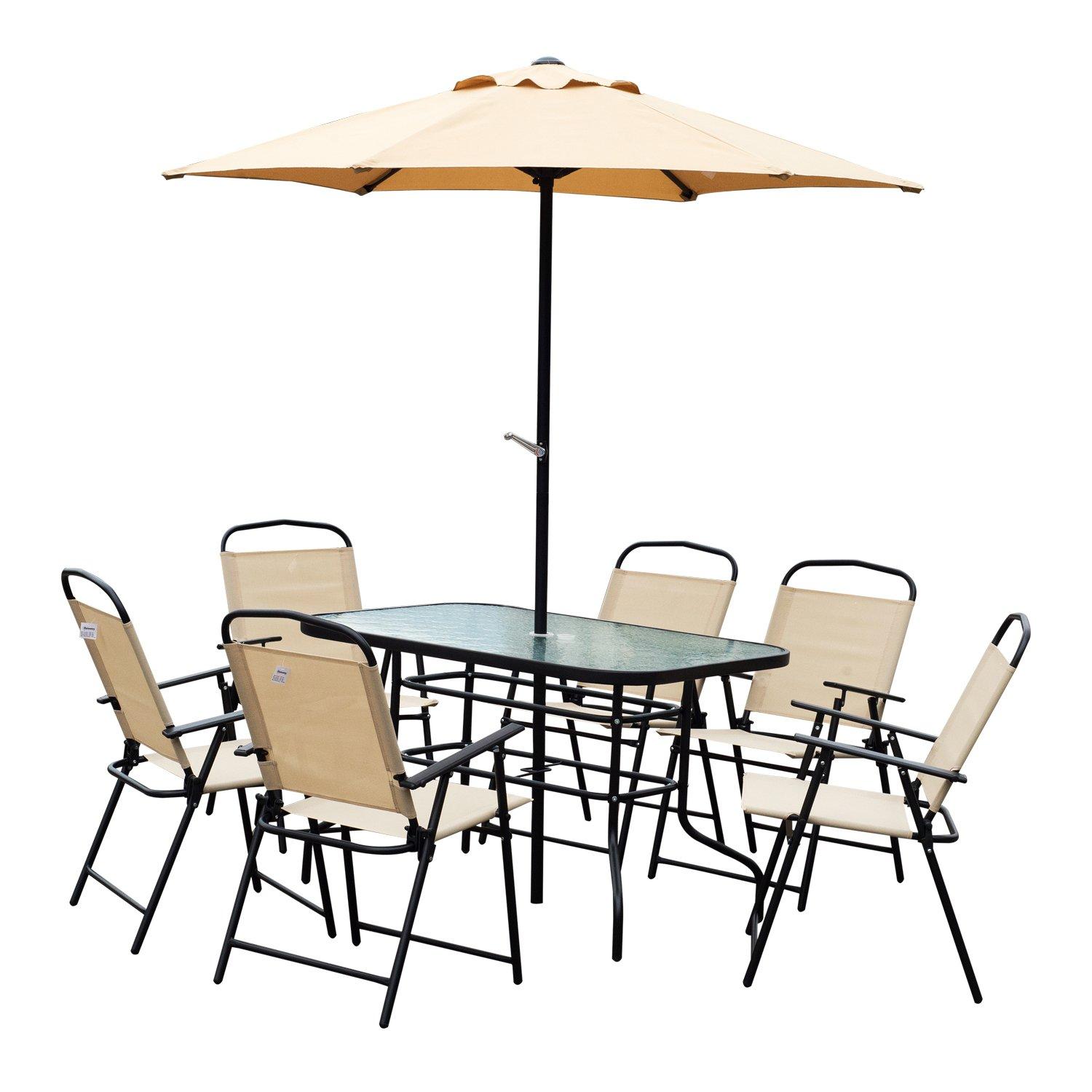 8 Pieces Dining Set Furniture Foldable Chair Table Parasol Garden