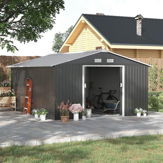 OUTSUNNY 13 X 11ft Outdoor Garden Storage Shed with2 Doors Galvanised Metal 2