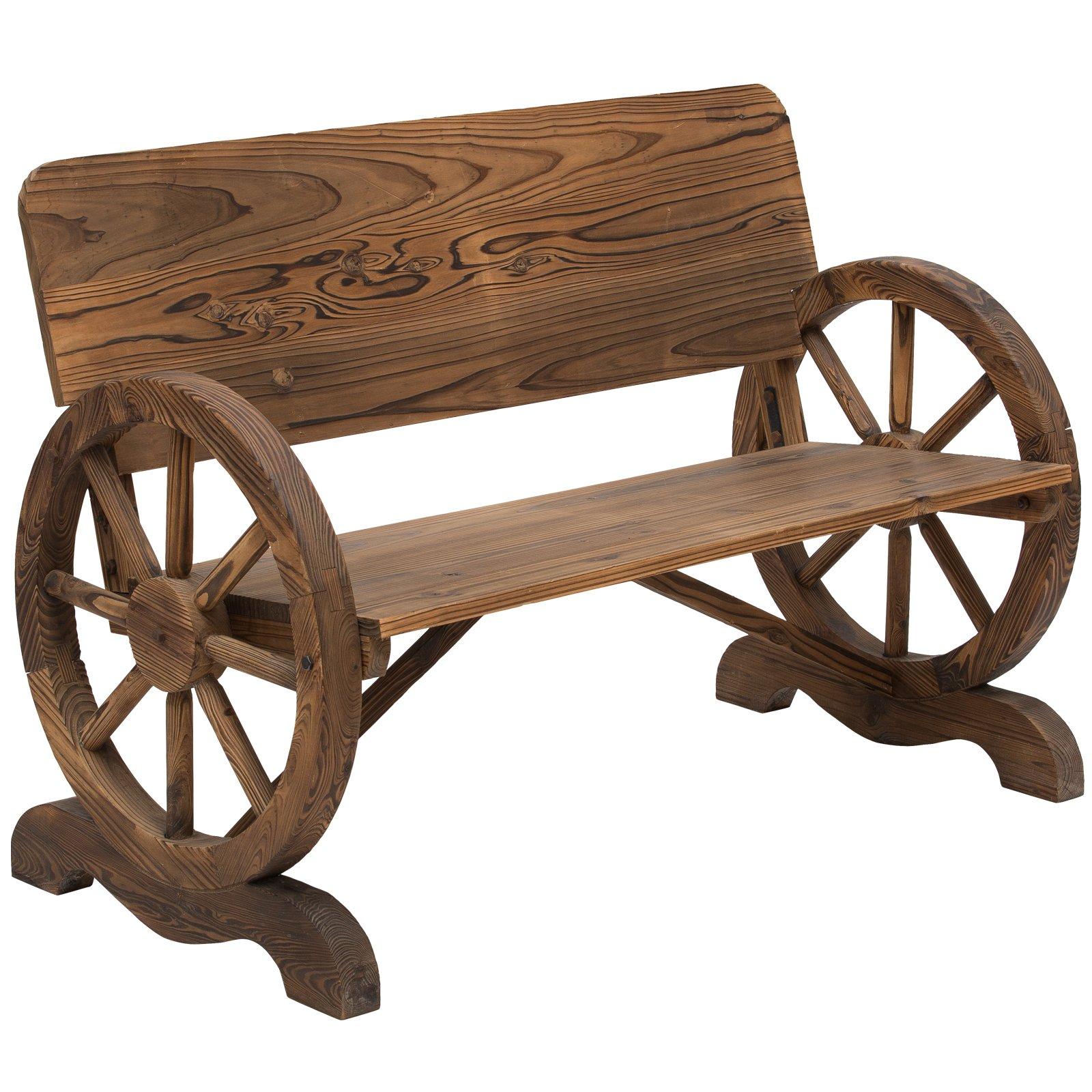 Rustic Wood Design Garden Wagon Wheel Bench Decor Outdoor Loveseat