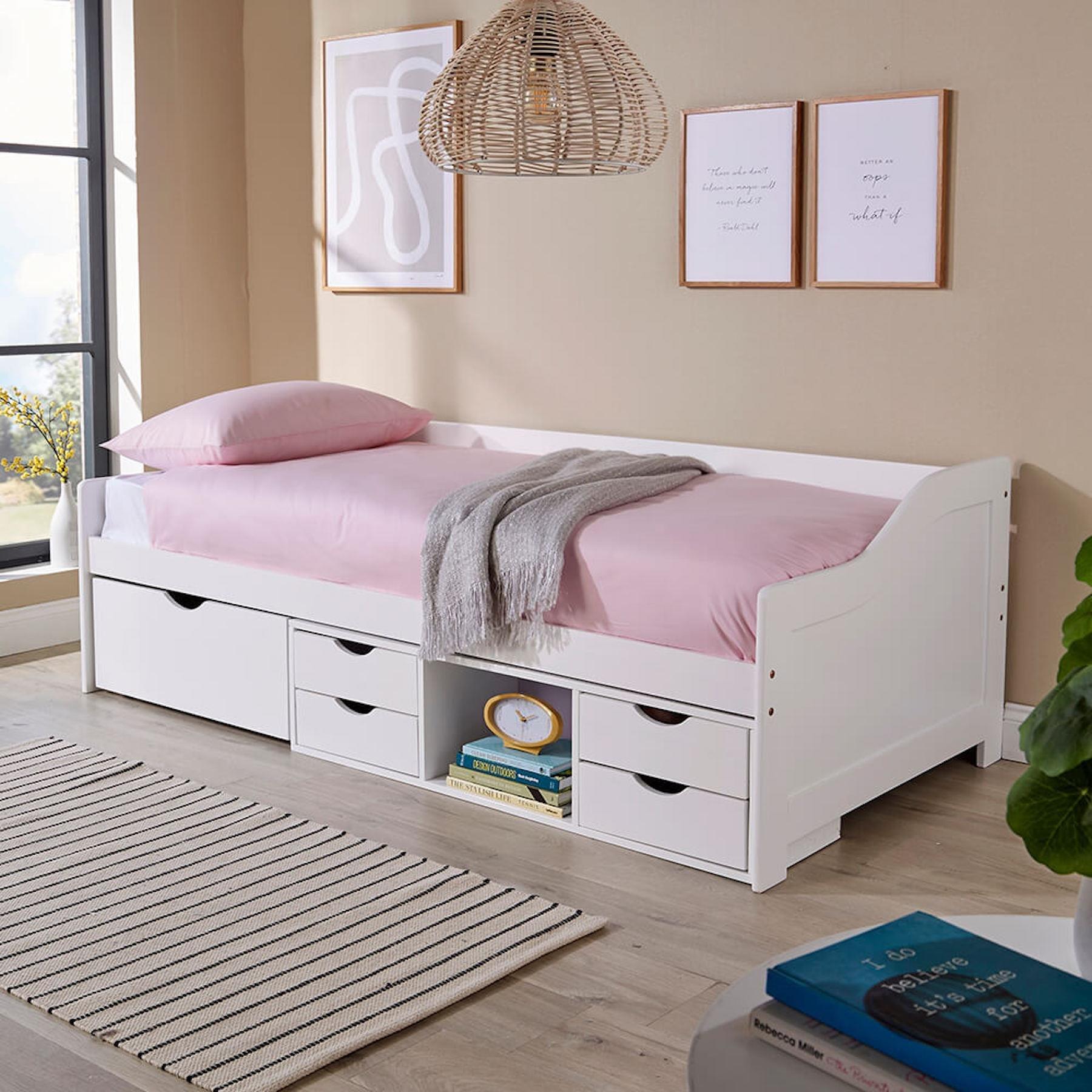 Kandiyohi Grey Solid Pine Cabin Bed 3Ft Single Guest Bed Under Bed Storage With 5 Drawers white