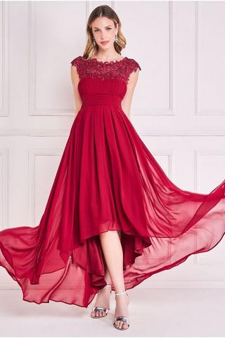 Sheer Ruffled Maxi Dress In Red  Maxi dress, Ruffled maxi dress, Lace top  gown