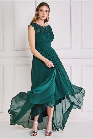 Goddiva Scalloped Lace Dipped Hem Midi Dress - Emerald - Emerald / 8