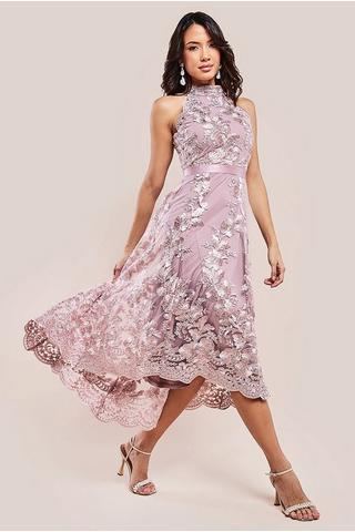 Product Halter Neck Lace High And Low Dress Pink