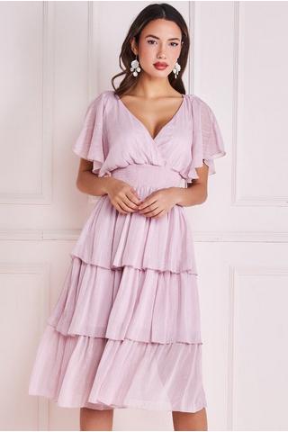 Product Plain Lurex Chiffon Tiered Dress Pink