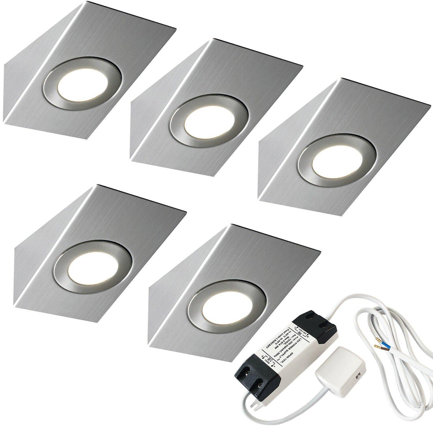 5x BRUSHED NICKEL Wedge Surface Under Cabinet Kitchen Light & Driver Kit - Warm White LED
