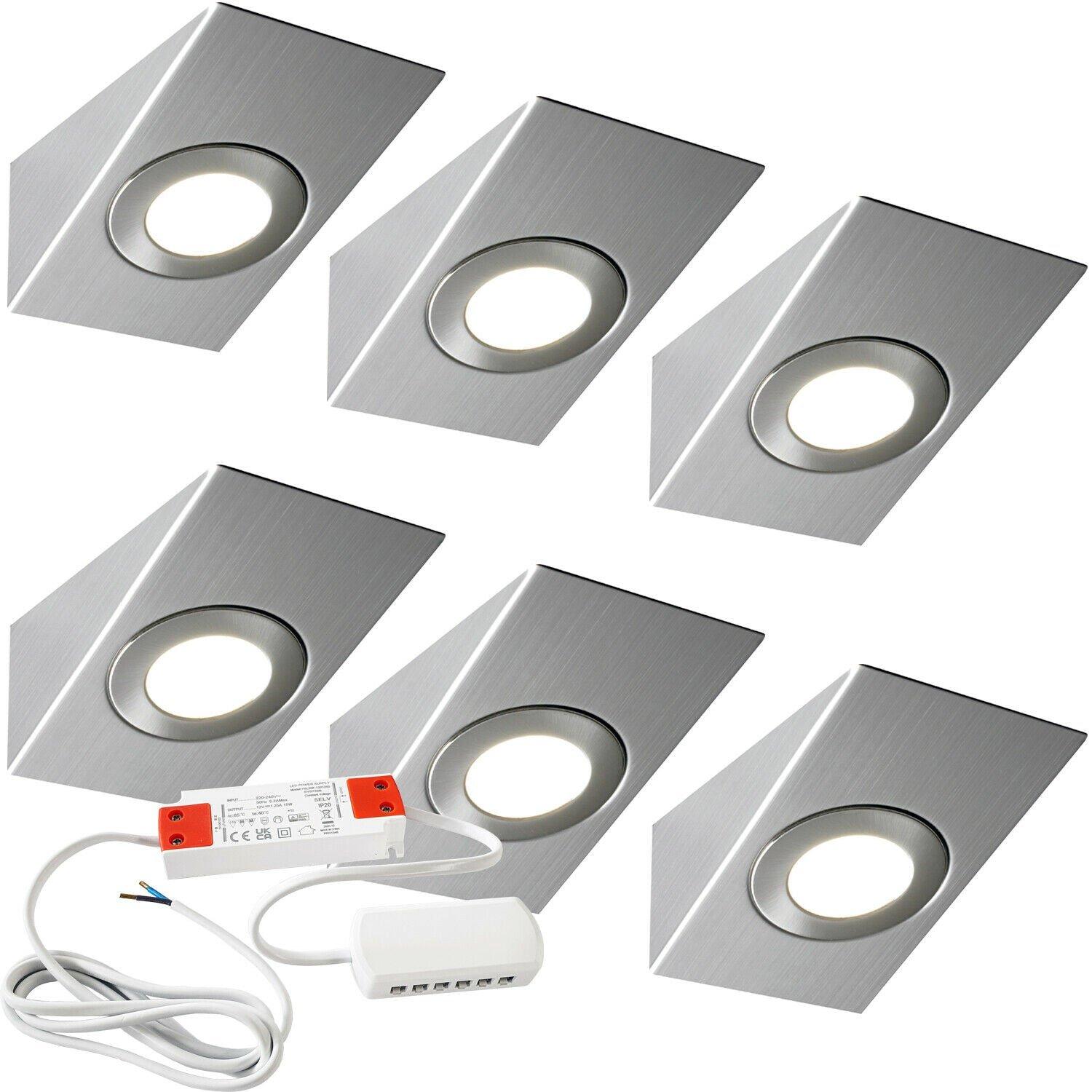 6x BRUSHED NICKEL Wedge Surface Under Cabinet Kitchen Light & Driver Kit - Warm White LED