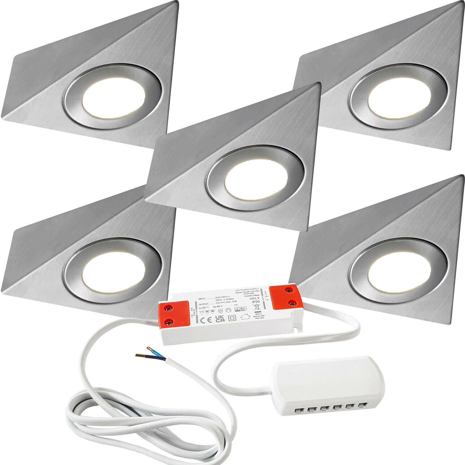 5x BRUSHED NICKEL Pyramid Surface Under Cabinet Kitchen Light & Driver Kit - Natural White LED