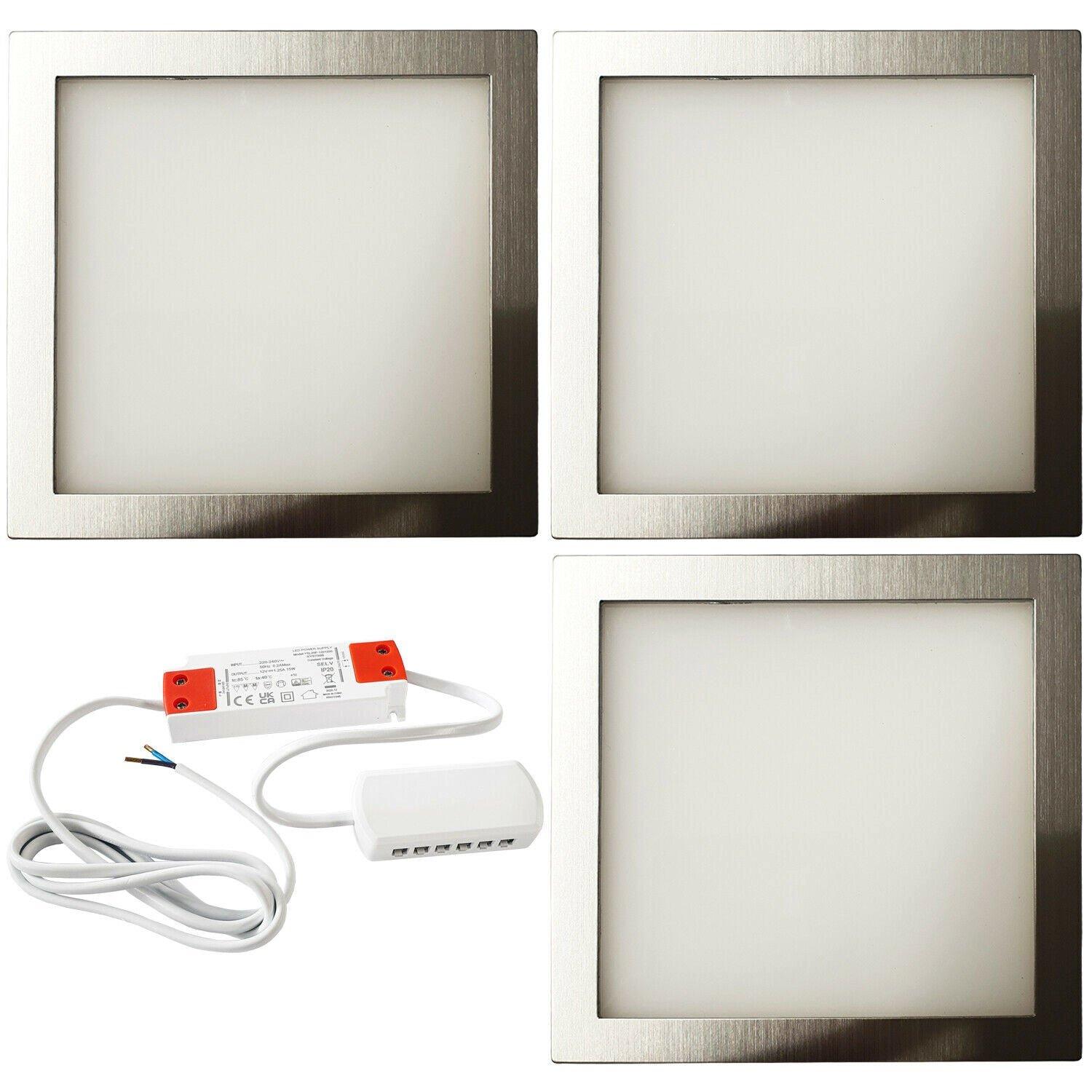 3x BRUSHED NICKEL Ultra-Slim Square Under Cabinet Kitchen Light & Driver Kit - Natural White LED