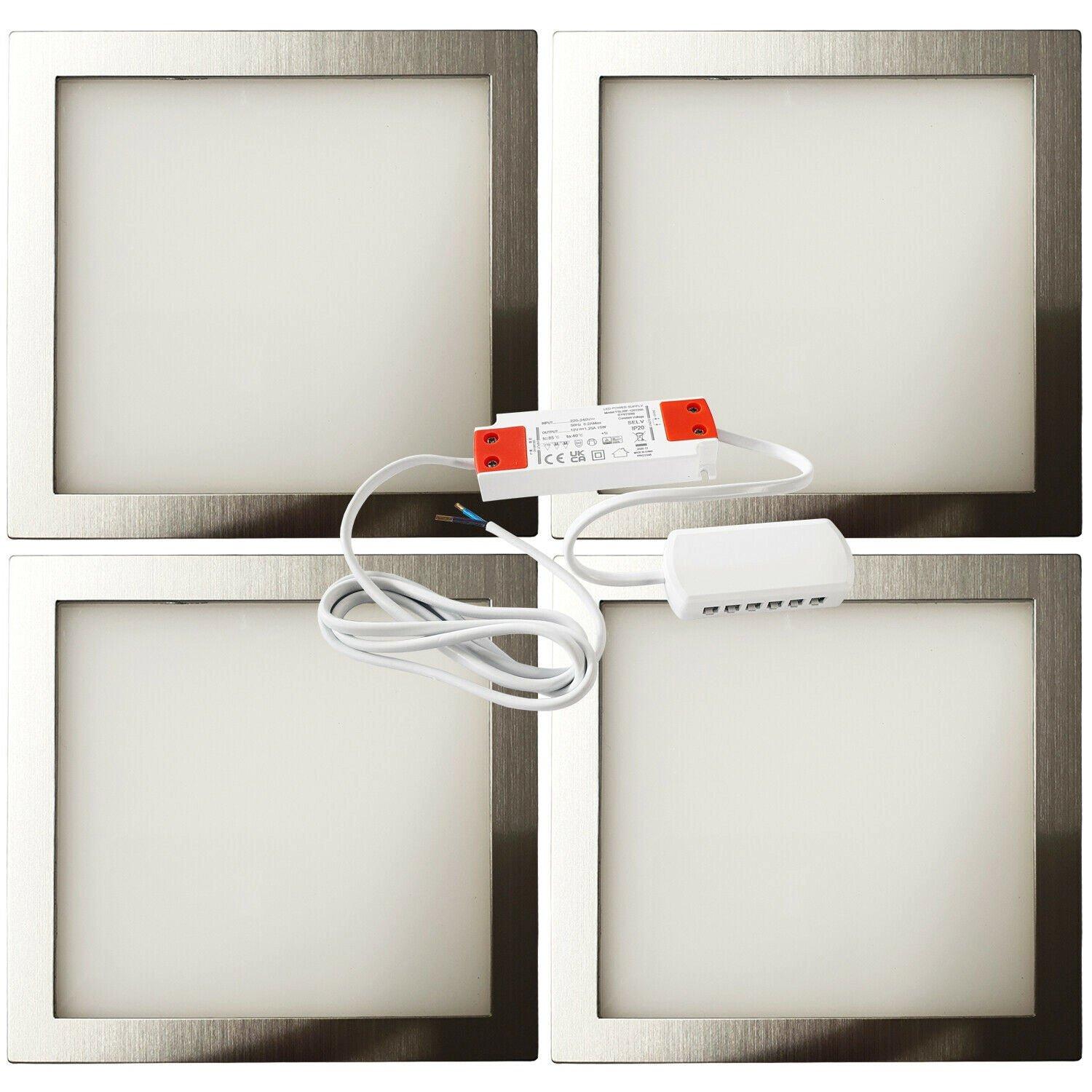 4x BRUSHED NICKEL Ultra-Slim Square Under Cabinet Kitchen Light & Driver Kit - Natural White LED