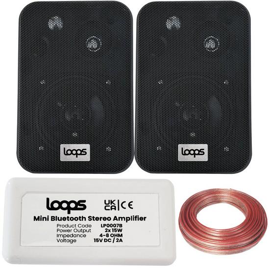 Loops SMART HOME Bluetooth Amplifier & 2 Black Wall Mount Speaker Kit Compact HiFi Amp 2