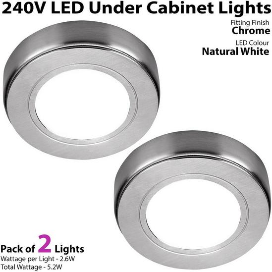 Loops 2x CHROME Round Surface or Flush Under Cabinet Kitchen Light Kit - 240V Mains Powered - Natural White LED 2