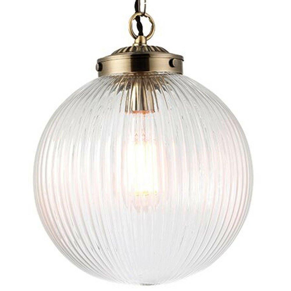 Hanging Ceiling Pendant Light BRASS & RIBBED GLASS Large Round Lamp Shade Holder