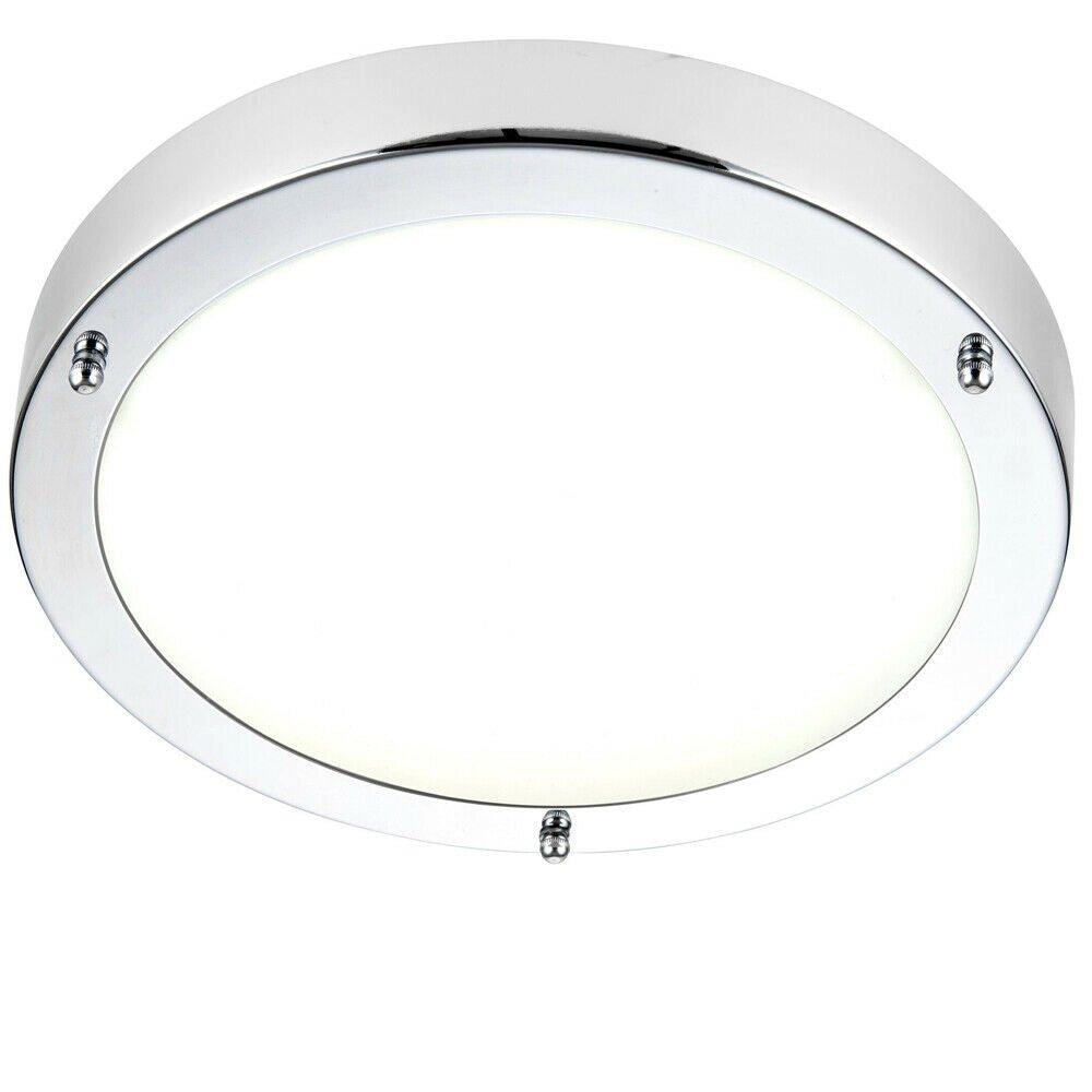 Flush Bathroom Ceiling Light Chrome Glass IP44 Round LED Cool White Lamp Fitting