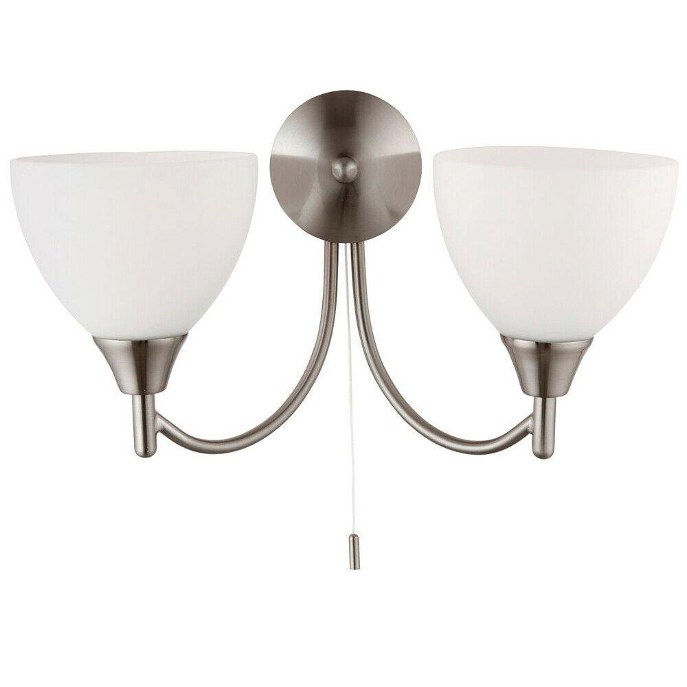Dimmable LED Twin Wall Light Satin Chrome & Frosted Glass Curved Lamp Lighting