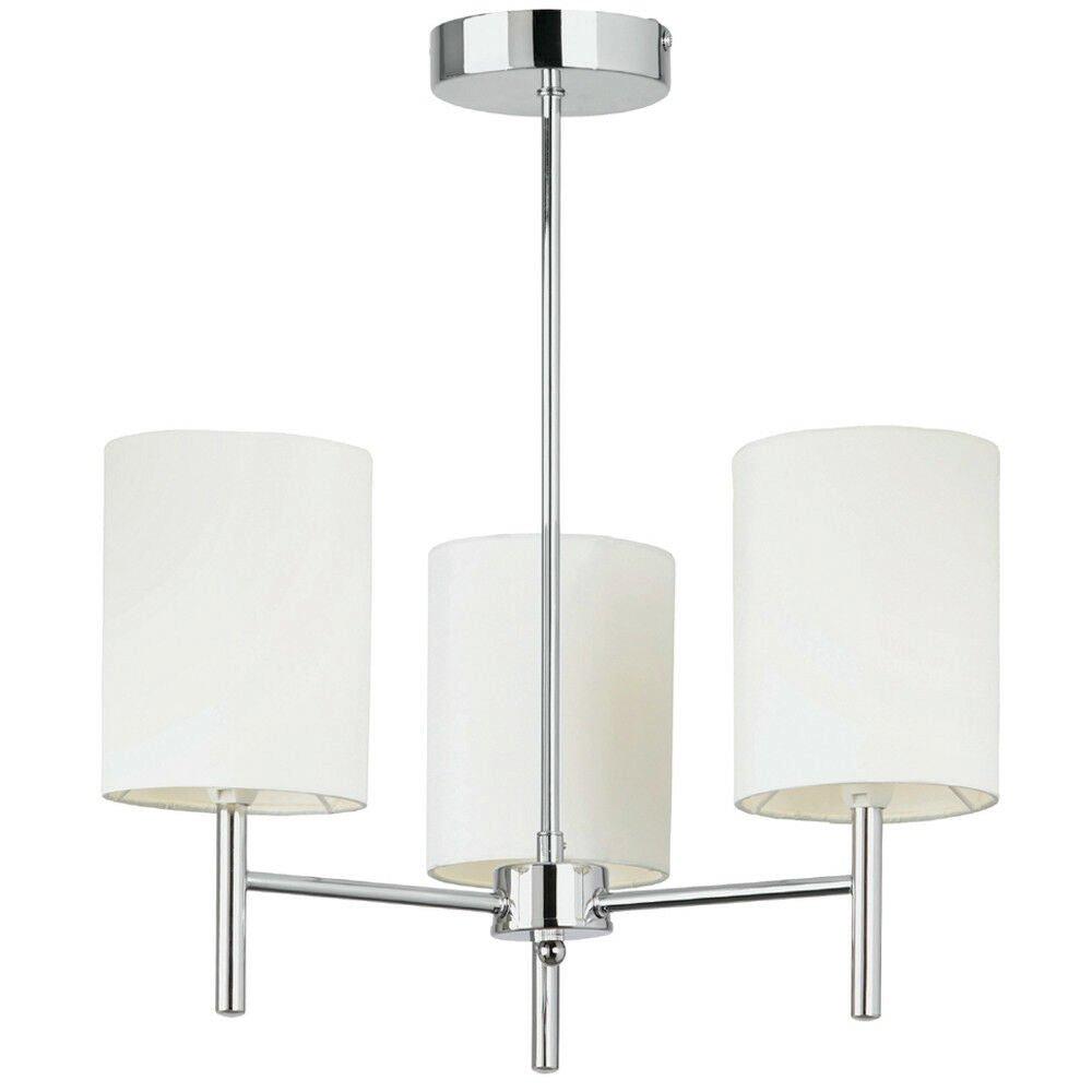 Semi Flush Ceiling Light Chrome & White Silk Shade Modern 3 Bulb Pendant Lamp