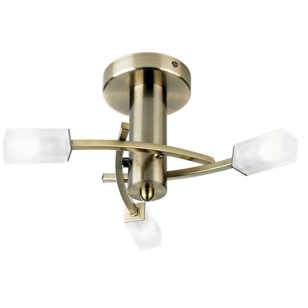 Semi Flush Ceiling Light Brass & Glass 3 Bulb Square Shade Dimmable Pendant