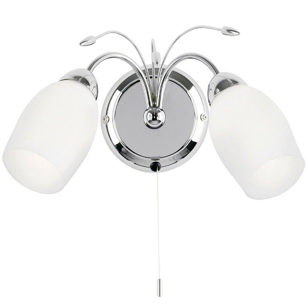 LED Twin Wall Light Pretty Curved Arm Chrome & White Glass Shade Lamp Lighting