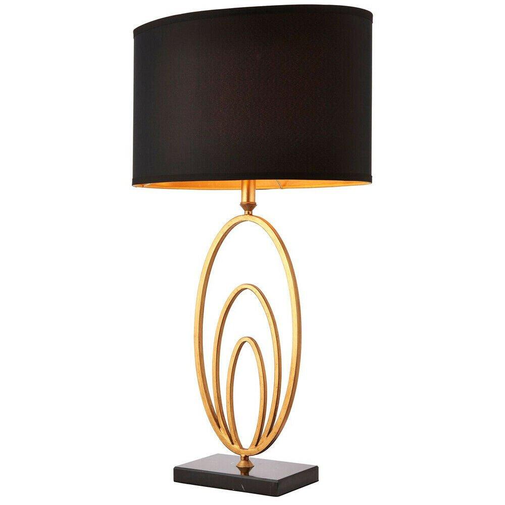Modern Table Lamp Light Gold Loop Ring & Black Marble Square Base Round Shade