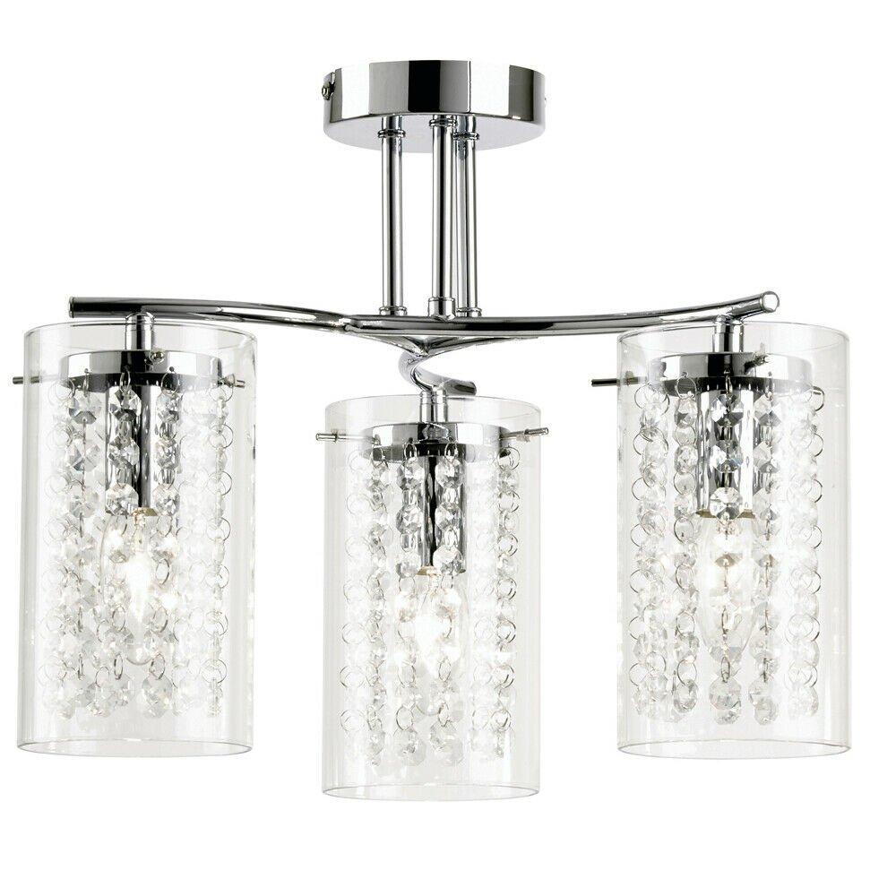 Semi Flush Ceiling Light Chrome Glass Drops 3 Bulb Hanging Pendant Lamp Shade